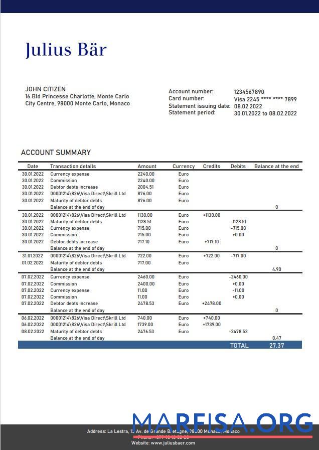 Printable Monaco Julius Bar bank statement word template
